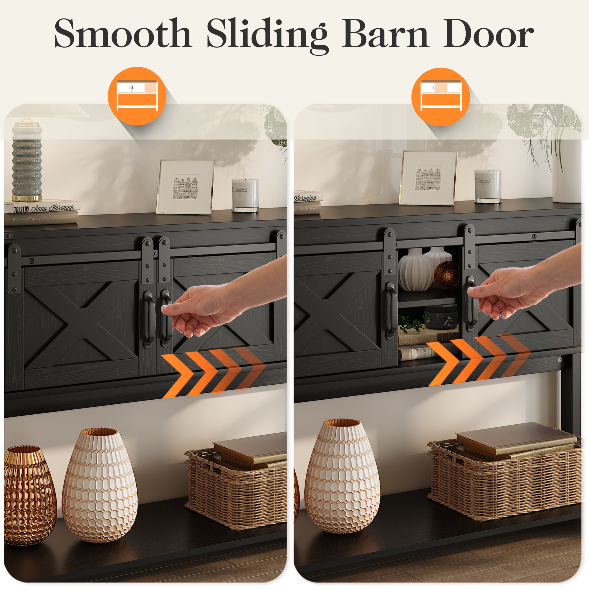 Rustic Farmhouse Console Table With Drawers And Barn Door Black_voghion.com